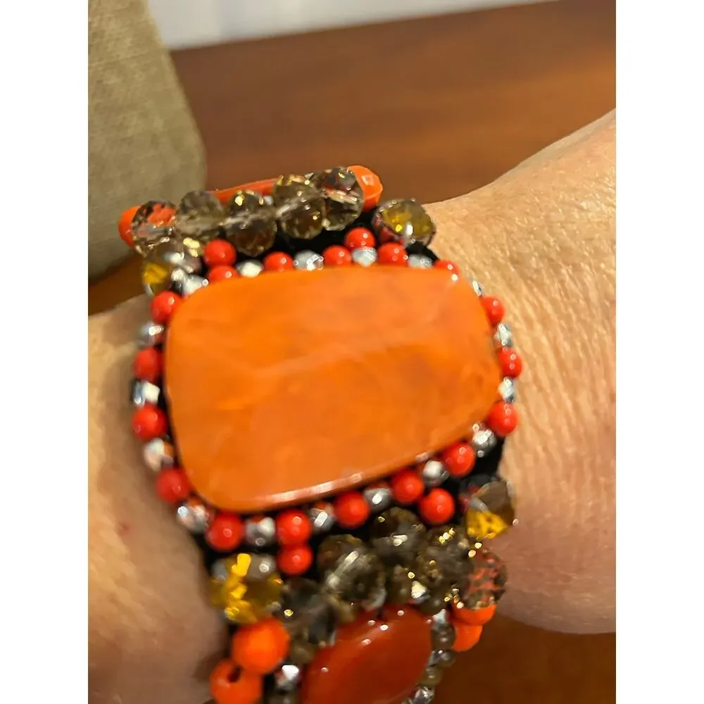 Handmade Beaded Statement Bracelet - Orange Red Gold Silver 6